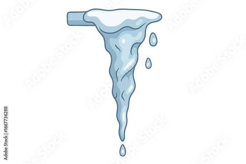 Melting icicle with snow and water drops. Winter, cold, freeze and thaw concept. Vector illustration of a sharp, frozen ice stalactite. Seasonal weather element design.