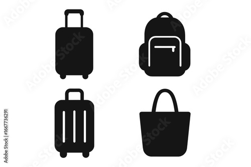 Luggage bag silhouette icon set. Travel, backpack, suitcase, tote icons collection. Simple baggage symbols for airport and vacation. Vector glyph pictogram design elements.