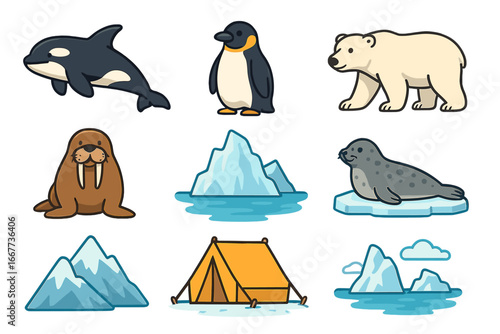 Set of arctic and antarctic wildlife icons. Polar exploration collection with cute cartoon animals like polar bear, penguin, orca, walrus, seal. Vector nature concept.
