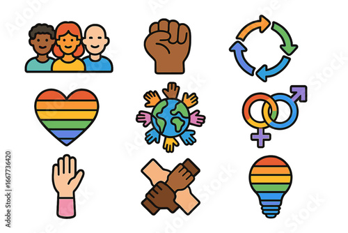 Diversity and inclusion icon set. Vector symbols for equality, racial unity, gender, and LGBTQ pride. Illustrations for community, empowerment, and social justice concepts.