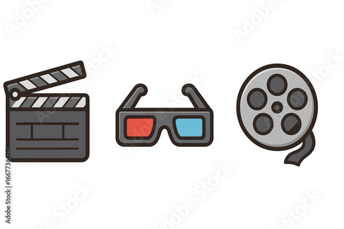 Set of film production icons. Movie clapperboard, 3D glasses, and film reel. Cinema entertainment concept. Filmmaking and video production vector cartoon flat illustration.