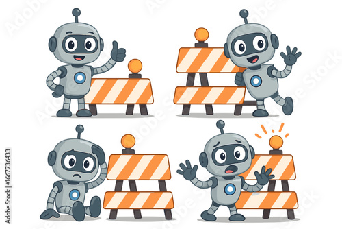 Cute robot character mascot set with construction barrier. For website under construction, 404 error page. Vector bots showing various emotions: success, warning, sad, confused, alert.