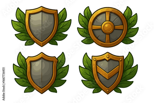 Set of cartoon game shields with laurel wreath. Vector icons for UI design. Fantasy badge, award, level up, or achievement symbol. Golden and metal crest for protection.