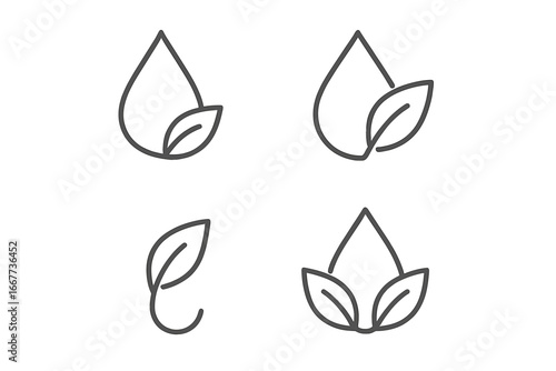 Minimalist eco-friendly water and leaf logos set, green sustainability icons, nature conservation symbols, environmental protection vector illustrations, clean energy, organic growth designs