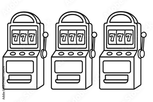 Modern slot machines with classic triple sevens symbols, simple outline design, casino gambling icons, slot game vector illustration, jackpot lucky sevens concept
