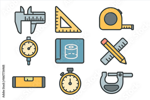 Measurement and engineering tool icon set. Precision instruments for technical projects. Vector graphics of caliper, ruler, tape measure, blueprint, gauge, level, micrometer.