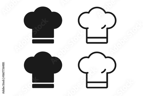 Chef hat icon set for kitchen and restaurant. Vector graphic collection of cook and baker hats. Culinary symbols in solid glyph silhouette and simple outline line art style.