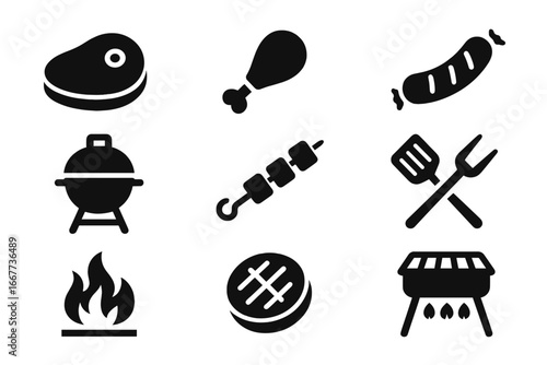 Barbecue grill solid icon set. Meat and cooking food symbols. Vector glyph collection with steak, sausage, chicken leg, kebab, fire flame, and bbq tools for web design.