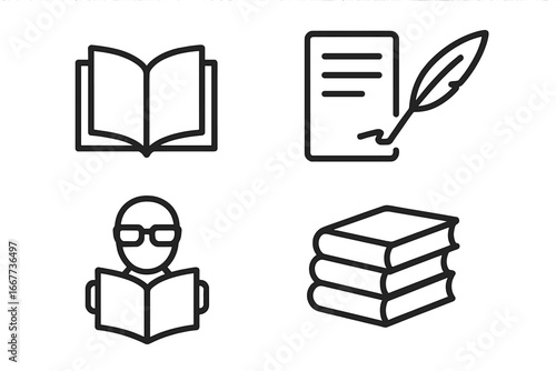 Reading, writing, and literature icon set. Vector symbols for education, knowledge, library, and study. Includes open book, student, book stack, and quill signature.