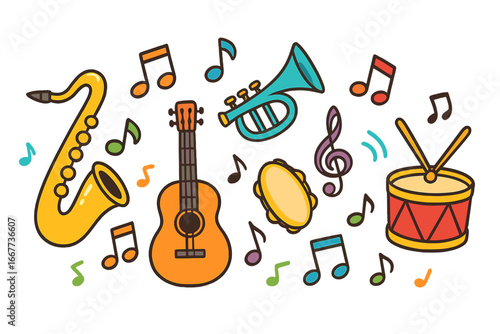 Vibrant Musical Instruments and Colorful Notes Vector Illustration for Lively Music Events and Festive Celebrations, Cartoon Style on Transparent Background, Set of Popular Instruments