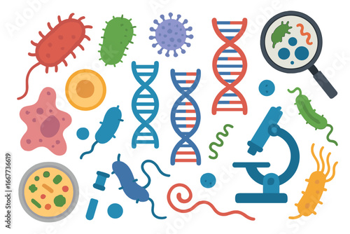 Vector set of microbiology and biology icons. Bacteria, virus, amoeba, cell, and DNA helix. Science, genetics research, and laboratory analysis concepts. Microscope, petri dish.