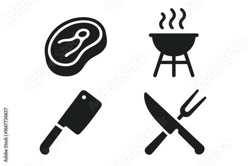 Meat cutting and barbecue solid icon set. Vector glyph collection with raw steak, charcoal grill, butcher cleaver, knife and fork. Culinary food and cooking concept symbols.