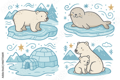 Cute Arctic animals set. Polar bear cub, mother bear, seal, igloo on ice floe. Winter wildlife cartoon vector illustration. North Pole, Alaska, Christmas design elements.
