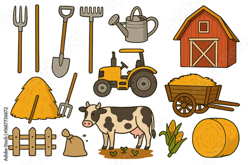 Vector cartoon farm icon set. Agriculture collection with tractor, cow, barn, pitchfork, hay, shovel, rake, corn. Rural countryside life. Farming elements illustration.
