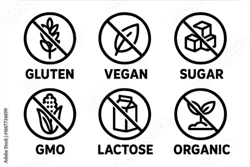 Product Nutrition Icons Set with Gluten Free, Vegan, No Sugar, GMO Free, Lactose Free, Organic Allergy Symbols, Vector Cartoon Illustration Collection for Healthy Food Labeling