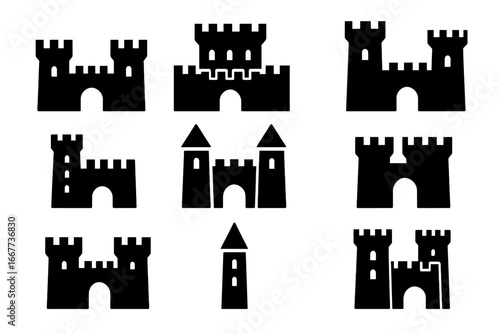 Castle silhouette icon set. Medieval fortress, tower, gateway. Royal palace, citadel, stronghold vector symbols. Black ancient kingdom architecture illustration. Historic design.