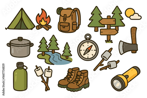 Outdoor camping icons showcasing nature activities and essential adventure gear in a playful, informative vector cartoon illustration on transparent background