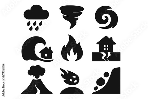 Natural disaster icon set. Silhouette symbols for weather emergencies like earthquake, tsunami, fire, tornado, hurricane, flood, volcano, landslide. Vector pictogram collection.