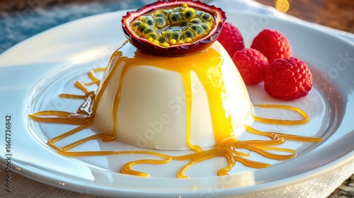 Passion fruit garnish crowning elegant white chocolate panna cotta with golden mango coulis and fresh raspberries on premium restaurant plate