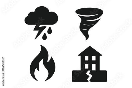 Natural disaster icon set. Weather, fire, earthquake, tornado symbols. Catastrophe silhouette collection. Thunderstorm, storm, wildfire, cyclone glyphs. Vector graphics.