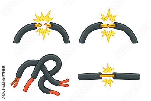 Broken and connected electrical wires cartoon set. Damaged cable with spark. Disconnected and fixed circuit metaphor. Problem and solution concept. Communication failure and repair vector.