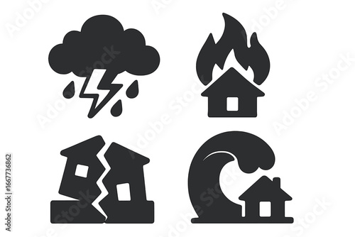 Natural disaster icons. Weather, fire, earthquake, tsunami symbols. Climate change catastrophe silhouette set. Vector illustration for insurance, emergency, storm, flood crisis.