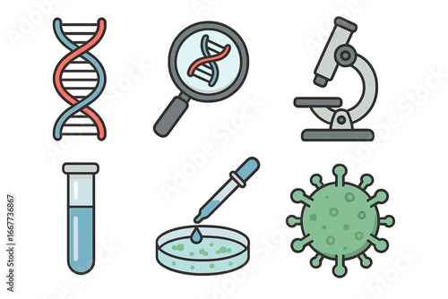 Science icon set for biology and medical research. Vector collection of DNA, virus, microscope, and lab equipment. Concept for genetics, virology, and laboratory analysis.