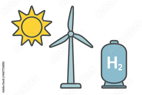 Renewable energy concept with wind turbine, hydrogen fuel storage, and sun illustration, clean power sources, sustainable eco-friendly vector cartoon design on transparent background