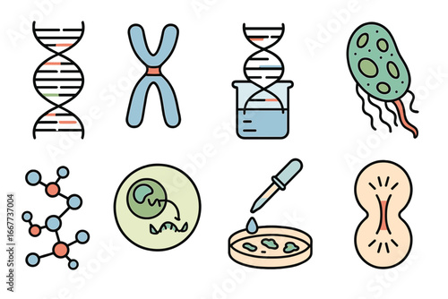 Scientific illustrations of genetics, DNA, chromosomes, microbiology, molecular biology, cell division, laboratory research, and molecular structures in colorful vector cartoon style