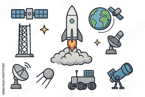 Rocket launch and satellite exploration vector graphics featuring diverse space technology symbols, rockets, satellites, space rovers, and telescopes in cartoon style on transparent background