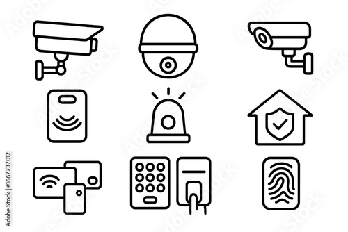 Security and Surveillance Line Icon Set with Cameras, Alarms, Access Control, and Fingerprint Scanning Vector Cartoon Illustration, Transparent Background, Ordered Set