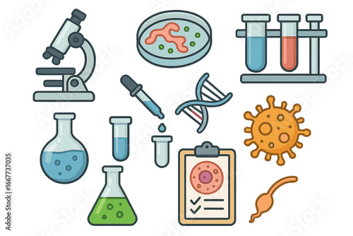 Science and laboratory equipment icons illustrating biological research and experimentation processes, microscope, test tubes, petri dish, DNA, virus, cell analysis, vector cartoon set