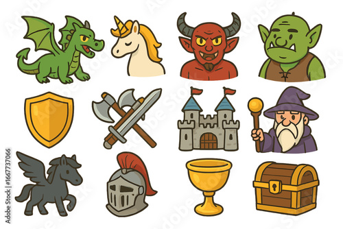 Fantasy icon set of mythical creatures and medieval elements. Vector cartoon assets for RPG games. Dragon, unicorn, wizard, knight, goblin, castle, shield, and treasure.