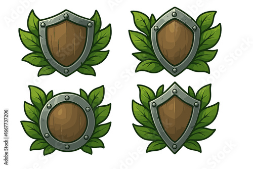 Set of cartoon shields with laurel leaves. Game UI assets. Wooden and metal emblem for RPG or fantasy games. Vector award badge icon. Decorative logo or insignia design.