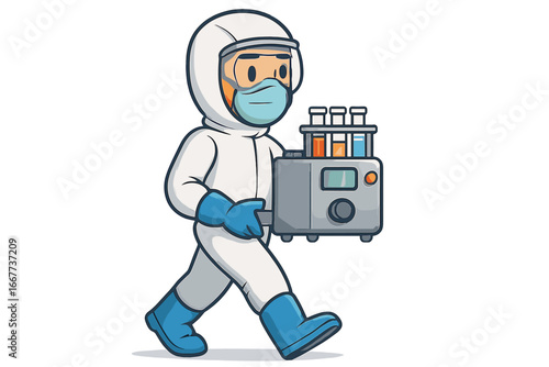 Scientist in full protective gear walking with laboratory equipment carrying colorful test tubes at research facility during scientific experiment, vector cartoon illustration