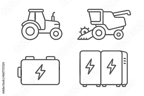 Agricultural line icon set. Farm equipment and energy storage. Tractor, combine harvester machinery. Electric battery pack, power station. Sustainable farming technology.