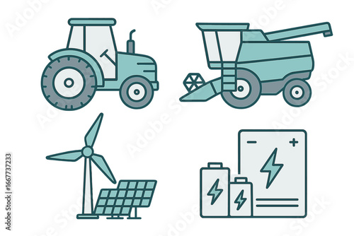 Sustainable agriculture and green energy technology vector icon set. Includes farm equipment, tractor, combine harvester, wind turbine, solar panel, and battery energy storage system.