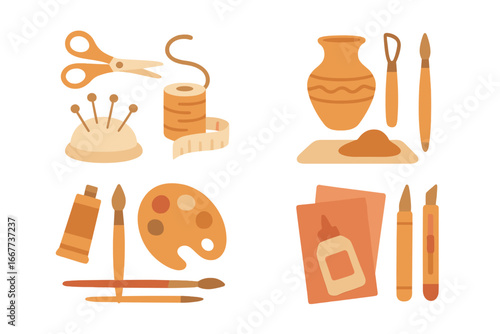 Sewing, pottery, painting, and crafting tools set in harmonious warm color palette, minimalistic vector cartoon illustration of creative hobbies and handmade crafts