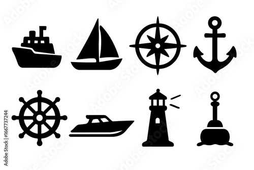 Nautical marine icon set silhouette. Ship, boat, sailboat, yacht, anchor, lighthouse, compass rose, helm, buoy symbols. Sea and ocean navigation vector elements collection.