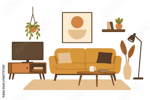 Modern minimalist living room design with cozy sofa, stylish coffee table, TV cabinet, hanging plant, decorative wall art, floor lamp, bookshelf, and indoor plants vector illustration