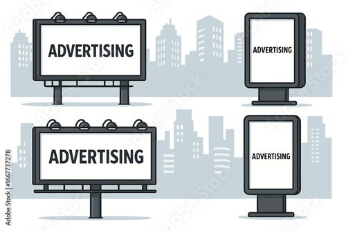 Various billboard and street advertising display designs in urban cityscape. Vector cartoon illustration of different modern outdoor advertisement formats on transparent background. Ordered set 1.
