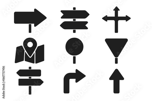 Navigation and wayfinding icon set. Arrow, direction, and road sign silhouette symbols. GPS map pin, location pointer for guidance, travel, and route concepts. Vector graphics.