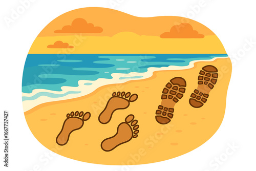 Footprints in the sand. Contrast between bare feet and boot prints on a beach at sunset. Concept of choice, path, journey, work life balance, freedom, vacation vs work.