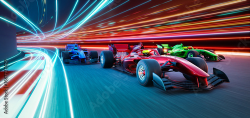 Wallpaper Mural 3d rendering racing cars competing on futuristic illuminated track at night Torontodigital.ca