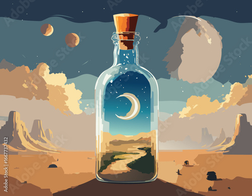 A bottle of stars in a sunlit desert teaches kids about environmental diversity and imagination.
