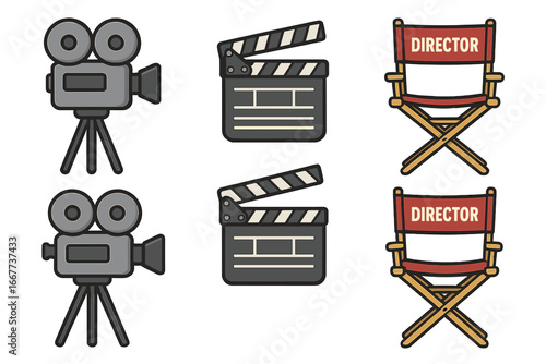 Movie production icons set including vintage film cameras, clapperboards, and director chairs in cartoon style, digital vector illustrations on transparent background, ordered set 2