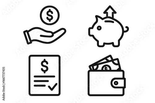 Finance and money management icon set. Vector symbols for saving, investment, income, and budgeting. Piggy bank for savings growth, wallet with cash, payment document.