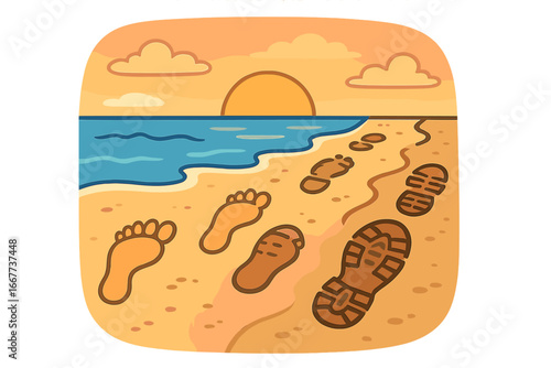 Footprints in the sand on a beach at sunset. Contrast of barefoot, shoe, and boot prints. Metaphor for life journey, path choice, work-life balance, or vacation vs work.