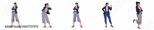 vector of career woman in blue top and grey trousers, looking confident and assertive
