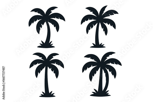 Set of black palm tree silhouettes. Tropical coconut tree icon collection for summer vacation, beach, and exotic island designs. Vector logo element for jungle or nature themes.